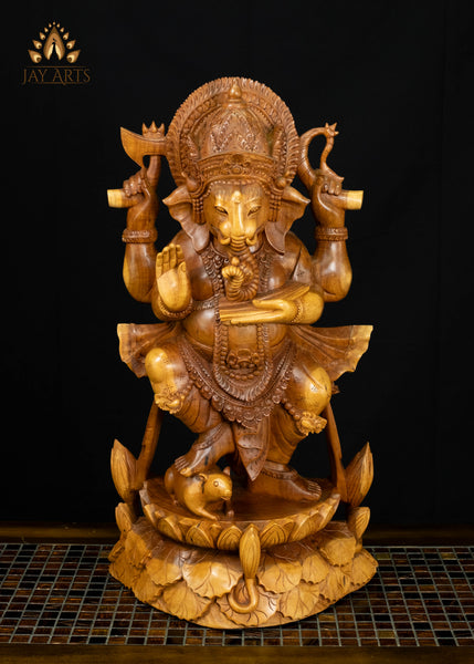 Standing Ganesha Statue with Lily Pad Base 25" | Balinese Suar Wood Carving