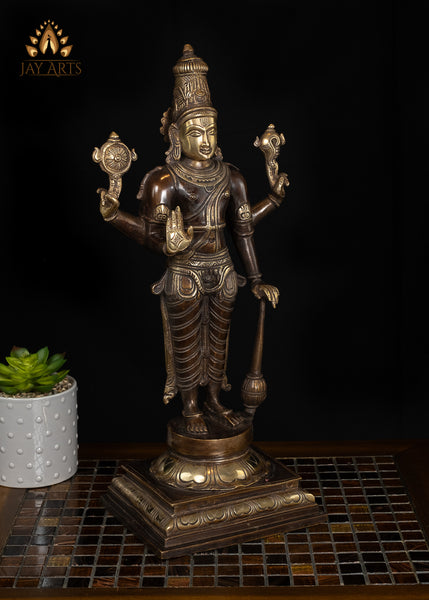 18" Standing Lord Vishnu with Kaumodaki Gada Brass Statue