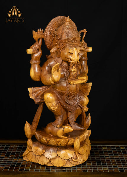 Standing Ganesha Statue with Lily Pad Base 25" | Balinese Suar Wood Carving