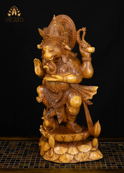Standing Ganesha Statue with Lily Pad Base 25" | Balinese Suar Wood Carving