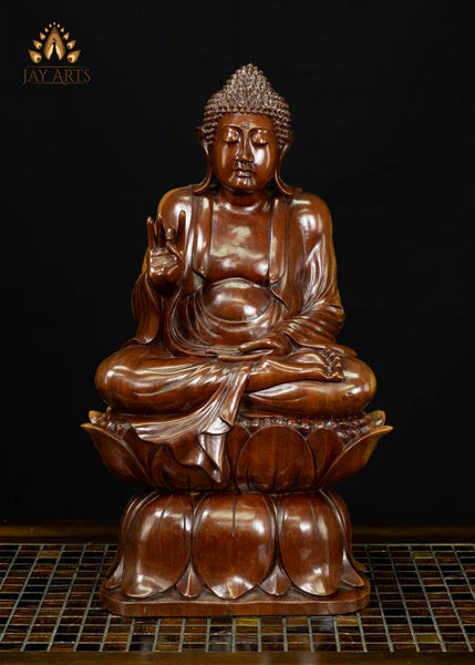 Balinese Wood Buddha in Akasha Mudra on Double Lotus Base 19"
