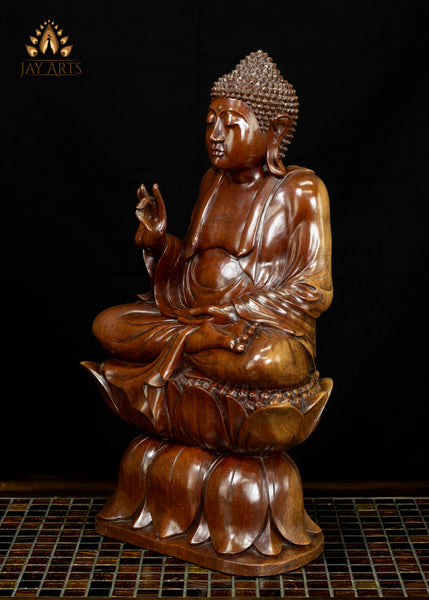 Balinese Wood Buddha in Akasha Mudra on Double Lotus Base 19"