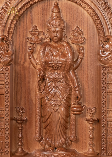20" Goddess Vishalakshi (Wide-eyed Devi) Wood Carving - Kashi Goddess of Compassion Wood Panel