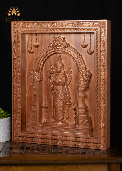 20" Goddess Vishalakshi (Wide-eyed Devi) Wood Carving - Kashi Goddess of Compassion Wood Panel