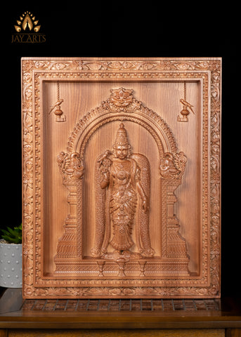 20" Goddess Meenakshi Wood Carving - Tadatagai (Fish-eyed) Madurai Meenakshi Amman Wood Panel