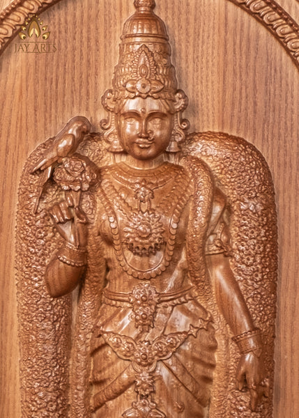 20" Goddess Meenakshi Wood Carving - Tadatagai (Fish-eyed) Madurai Meenakshi Amman Wood Panel