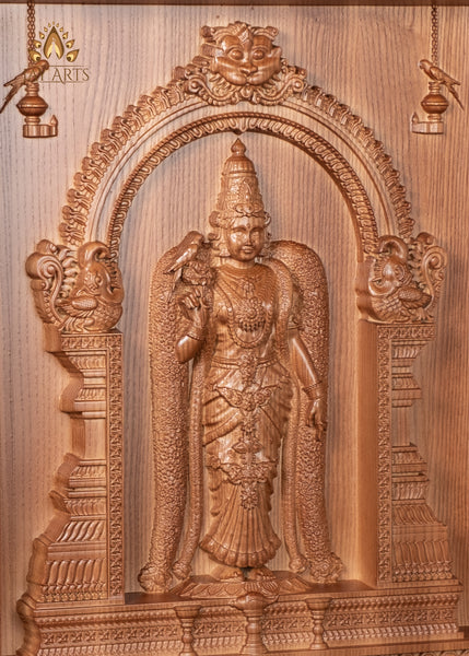 20" Goddess Meenakshi Wood Carving - Tadatagai (Fish-eyed) Madurai Meenakshi Amman Wood Panel
