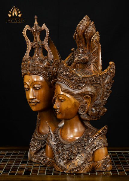 Rama Sita Balinese Wood Bust 20" | Hand-Carved Mahogany Statement Piece