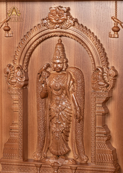 20" Goddess Meenakshi Wood Carving - Tadatagai (Fish-eyed) Madurai Meenakshi Amman Wood Panel