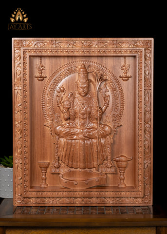 20” Goddess Kamakshi (Love-eyed Devi) Wood Carving - Kanchi Kamakshi Amman Wood Panel