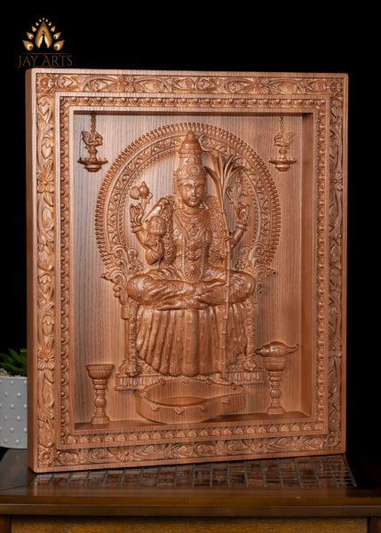 20” Goddess Kamakshi (Love-eyed Devi) Wood Carving - Kanchi Kamakshi Amman Wood Panel