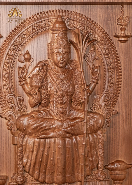 20” Goddess Kamakshi (Love-eyed Devi) Wood Carving - Kanchi Kamakshi Amman Wood Panel