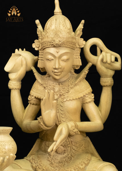 Balinese Wood Trimurti Statue Brahma, Vishnu and Shiva Seated on Lily Pads 17" | Hand-carved Unique Find