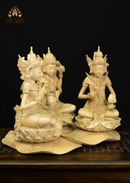 Balinese Wood Trimurti Statue Brahma, Vishnu and Shiva Seated on Lily Pads 17" | Hand-carved Unique Find