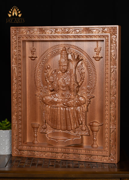 20” Goddess Kamakshi (Love-eyed Devi) Wood Carving - Kanchi Kamakshi Amman Wood Panel