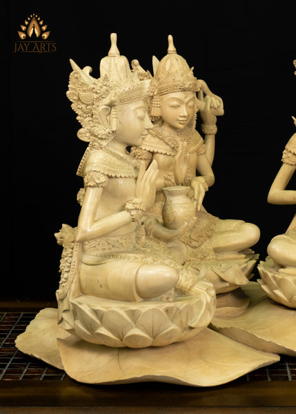 Balinese Wood Trimurti Statue Brahma, Vishnu and Shiva Seated on Lily Pads 17" | Hand-carved Unique Find