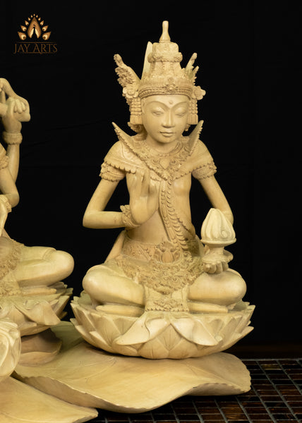 Balinese Wood Trimurti Statue Brahma, Vishnu and Shiva Seated on Lily Pads 17" | Hand-carved Unique Find
