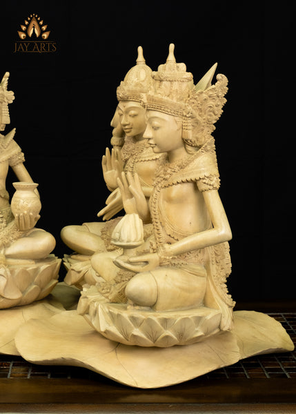Balinese Wood Trimurti Statue Brahma, Vishnu and Shiva Seated on Lily Pads 17" | Hand-carved Unique Find