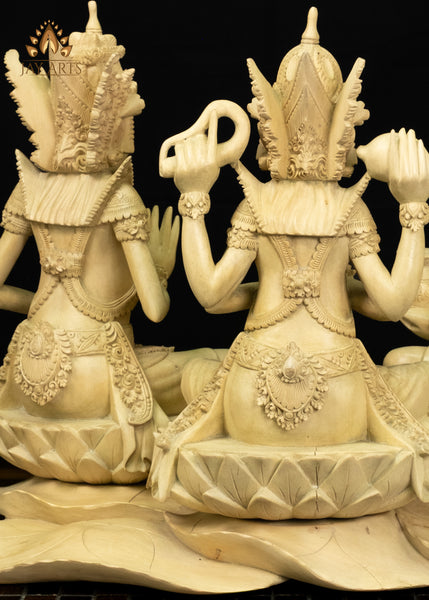 Balinese Wood Trimurti Statue Brahma, Vishnu and Shiva Seated on Lily Pads 17" | Hand-carved Unique Find