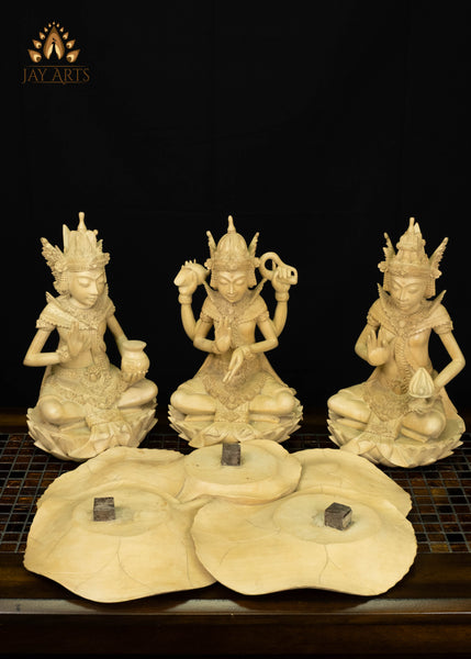 Balinese Wood Trimurti Statue Brahma, Vishnu and Shiva Seated on Lily Pads 17" | Hand-carved Unique Find