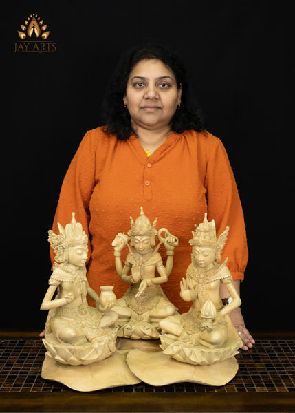 Balinese Wood Trimurti Statue Brahma, Vishnu and Shiva Seated on Lily Pads 17" | Hand-carved Unique Find