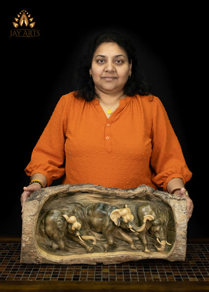 Hand-Carved Elephant Herd in Natural Hibiscus Wood Log 21" | Symbol of Luck & Fortune