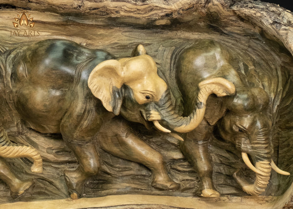 Hand-Carved Elephant Herd in Natural Hibiscus Wood Log 21" | Symbol of Luck & Fortune