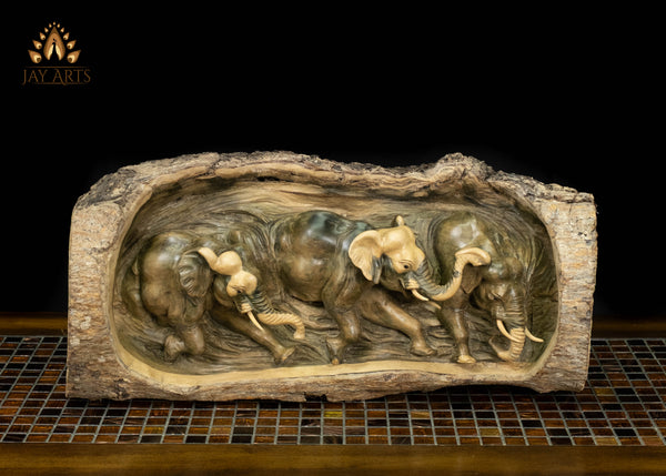 Hand-Carved Elephant Herd in Natural Hibiscus Wood Log 21" | Symbol of Luck & Fortune
