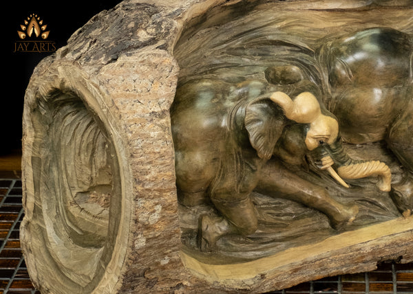 Hand-Carved Elephant Herd in Natural Hibiscus Wood Log 21" | Symbol of Luck & Fortune