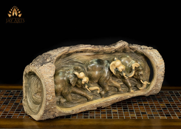 Hand-Carved Elephant Herd in Natural Hibiscus Wood Log 21" | Symbol of Luck & Fortune