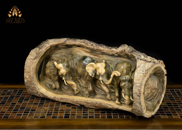 Hand-Carved Elephant Herd in Natural Hibiscus Wood Log 21" | Symbol of Luck & Fortune
