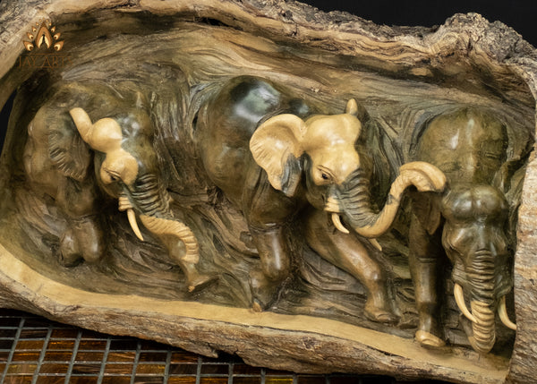 Hand-Carved Elephant Herd in Natural Hibiscus Wood Log 21" | Symbol of Luck & Fortune