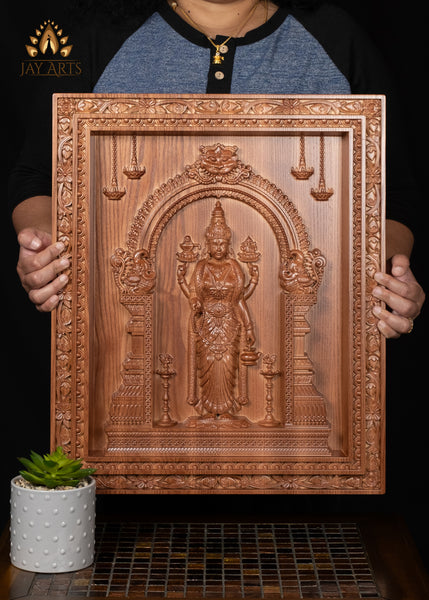 20" Goddess Vishalakshi (Wide-eyed Devi) Wood Carving - Kashi Goddess of Compassion Wood Panel