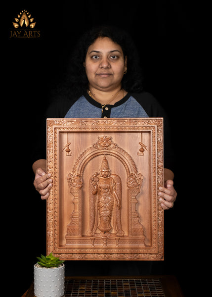 20" Goddess Meenakshi Wood Carving - Tadatagai (Fish-eyed) Madurai Meenakshi Amman Wood Panel