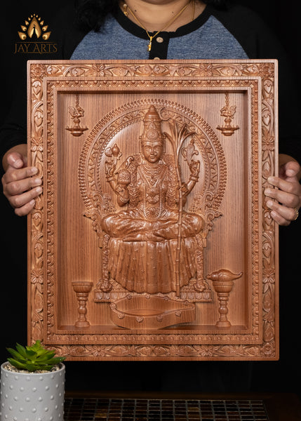 20” Goddess Kamakshi (Love-eyed Devi) Wood Carving - Kanchi Kamakshi Amman Wood Panel