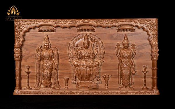 The Divine Shakthi Goddesses Meenakshi, Kamakshi and Vishalakshi Wood carving 14" x 26"