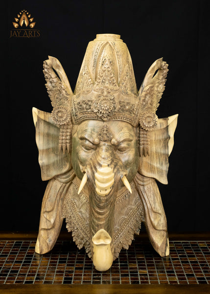 Balinese Hibiscus Wood Ganesha Mask with Ornate Crown 23" | Natural Grain Wall Decor