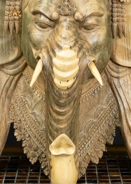 Balinese Hibiscus Wood Ganesha Mask with Ornate Crown 23" | Natural Grain Wall Decor