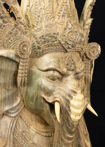 Balinese Hibiscus Wood Ganesha Mask with Ornate Crown 23" | Natural Grain Wall Decor