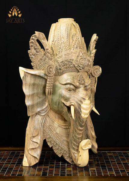 Balinese Hibiscus Wood Ganesha Mask with Ornate Crown 23" | Natural Grain Wall Decor