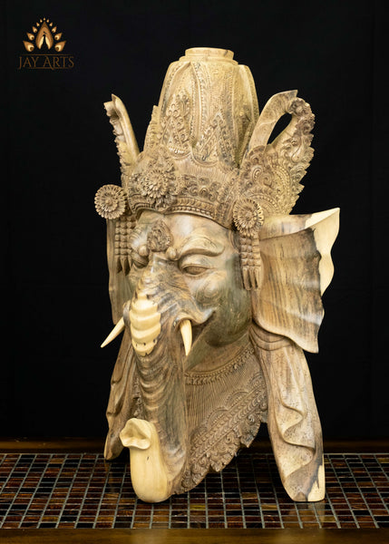 Balinese Hibiscus Wood Ganesha Mask with Ornate Crown 23" | Natural Grain Wall Decor