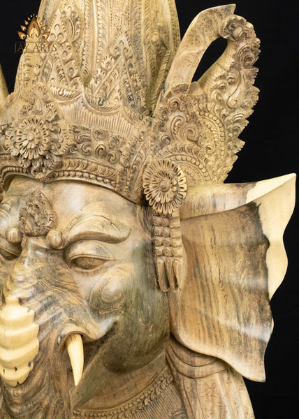 Balinese Hibiscus Wood Ganesha Mask with Ornate Crown 23" | Natural Grain Wall Decor