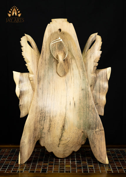 Balinese Hibiscus Wood Ganesha Mask with Ornate Crown 23" | Natural Grain Wall Decor