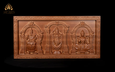 Wood Carving of Lord Venkateswara with Goddess Padmavathi Devi and Goddess Lakshmi Devi 14" x 28.5"