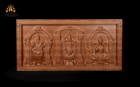 Wood Carving of Lord Venkateswara with Goddess Padmavathi Devi and Goddess Lakshmi Devi 13" x 27"