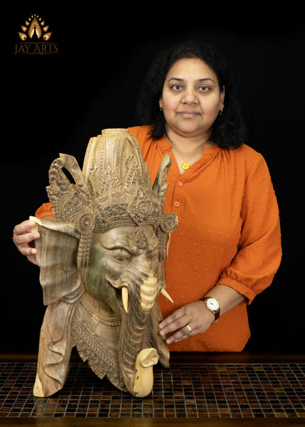 Balinese Hibiscus Wood Ganesha Mask with Ornate Crown 23" | Natural Grain Wall Decor