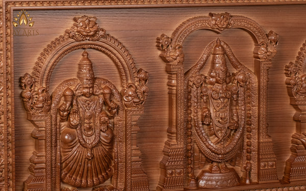 Wood Carving of Lord Venkateswara with Goddess Padmavathi Devi and Goddess Lakshmi Devi 14" x 28.5"