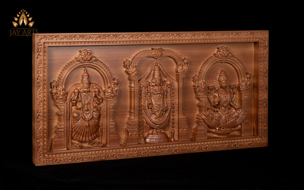 Wood Carving of Lord Venkateswara with Goddess Padmavathi Devi and Goddess Lakshmi Devi 14" x 28.5"
