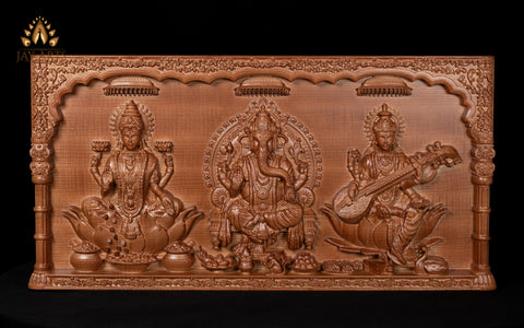 The Divine Trinities 14" x 28" Lord Ganesh, Goddess Lakshmi and Goddess Saraswathi Wood Carving