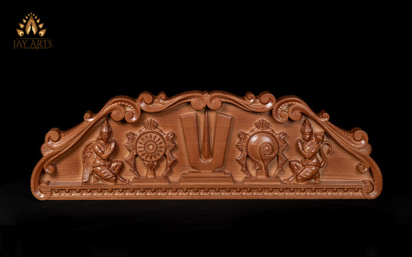Vaishnava Symbols Wood Carving 8" x 25" Wood Wall Panel